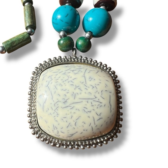 Statement Blue and Brown Beaded Necklace Wood Beads - Picture 4 of 10